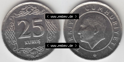 Münzen Türkei Umlaufmünze 2009-2013, 25 Kurus 2011. Vorderseite und Rückseite der Münze der Türkei auf einen Digitalen Bild,... Sammlung