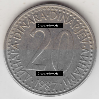 Münzen Jugoslawien Umlaufmünze 1985-1987, 20 Dinar 1987, Bild mit Rückseite der Münze als Bildmaterial Sammlung