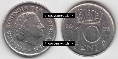 Münzen Niederlande Umlaufmünze 1950-1980, 10 Cent 1975, Bild mit horizontaler Vollansicht als Bildmaterial Sammlung