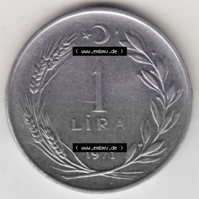 Münzen Türkei Umlaufmünze 1967-1980, 1 Lira 1971. Rückseite der Münze der Türkei als Bildmaterial für Sammler und Münzen-Webseiten... Sammlung