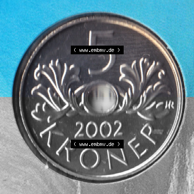 Münzen Norwegen Umlaufmünze 1998-2017, 5 Kroner, Kronen 2002, Bild mit Rückseite der norwegischen Münze als Bildmaterial,... Sammlung