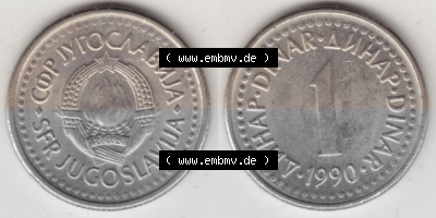 Münzen Jugoslawien Umlaufmünze 1990-1991, 1 Dinar 1990, Bild mit Vollansicht als Bildmaterial Sammlung