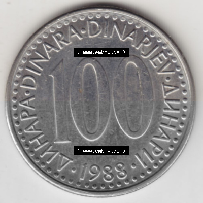 Münzen Jugoslawien Umlaufmünze 1985-1988, 100 Dinar 1988, Bild mit Rückseite der Münze als Bildmaterial Sammlung