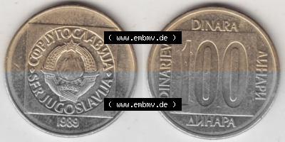 Münzen Jugoslawien Umlaufmünze 1988-1989, 100 Dinar 1989, Bild mit Vollansicht als Bildmaterial Sammlung