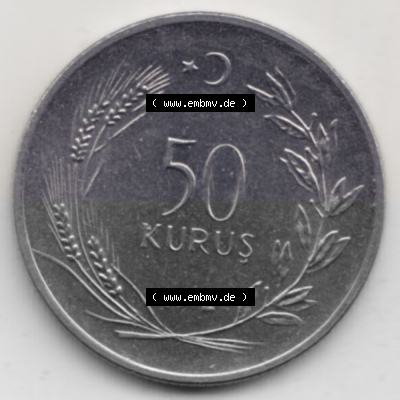 Münzen Türkei Umlaufmünze 1971-1979, 50 Kurus 1970. Rückseite der Münze der Türkei als Bildmaterial für Sammler und Münzen-Webseiten... Sammlung