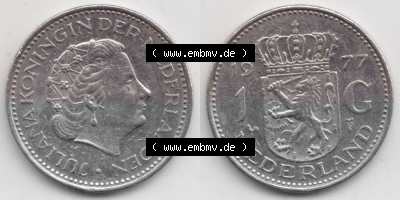 Münzen Niederlande Umlaufmünze 1967-1980, 1 Gulden 1977, Bild mit horizontaler Vollansicht als Bildmaterial Sammlung