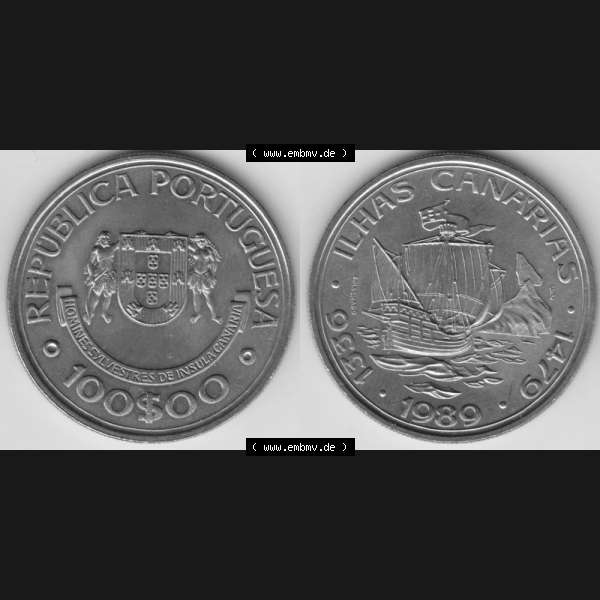 Grau bzw. s/w Münzen Portugal Gedenkmünze 1989-1989, 100 Escudos Ilhas Canarias. Vorderseite und Rückseite auf einen Bild/Foto der portugiesischen Gedenkmünze aus Portugal vor der... Sammlung Graustufen