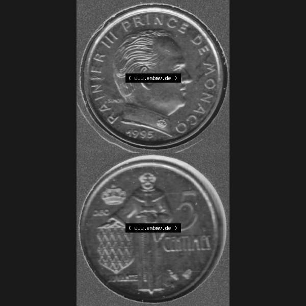 Grau bzw. s/w Münzen Monaco Umlaufmünze 1976-1995, 5 Centimes 1995, Münzseiten Untereinander als Bildmaterial Sammlung Graustufen