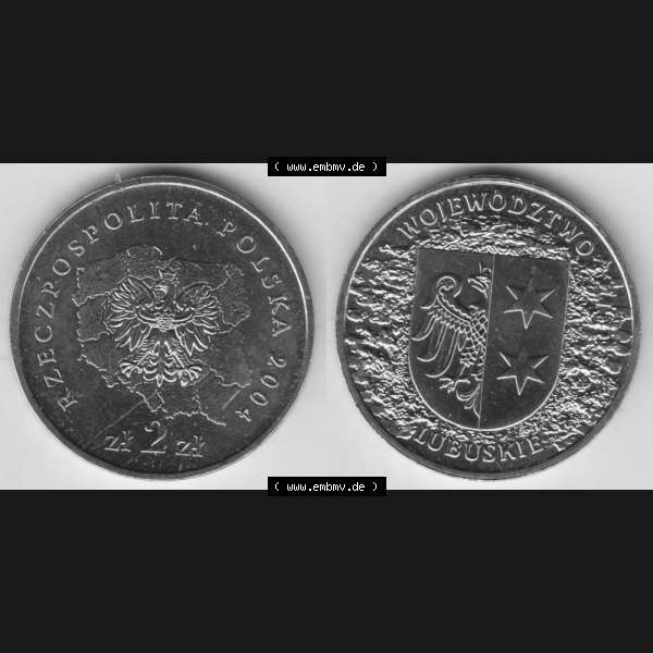 Grau bzw. s/w Münzen Polen Gedenkmünze 2004-2004, 2 Zloty, Woiwodschaft Kujawien-Pommern, Bild mit Vollansicht als Bildmaterial Sammlung Graustufen