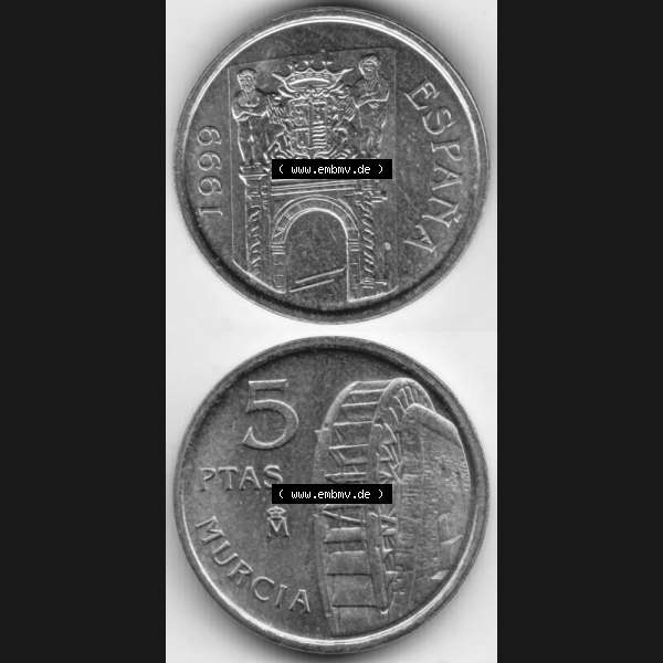 Grau bzw. s/w Münzen Spanien Umlaufmünze 1999-1999, 5 Ptas, Peseten 1999, Münze aus Spanien, Umlaufmünze / aus Zahlungsverkehr mit Münzseiten Vertikal / Untereinander... Sammlung Graustufen