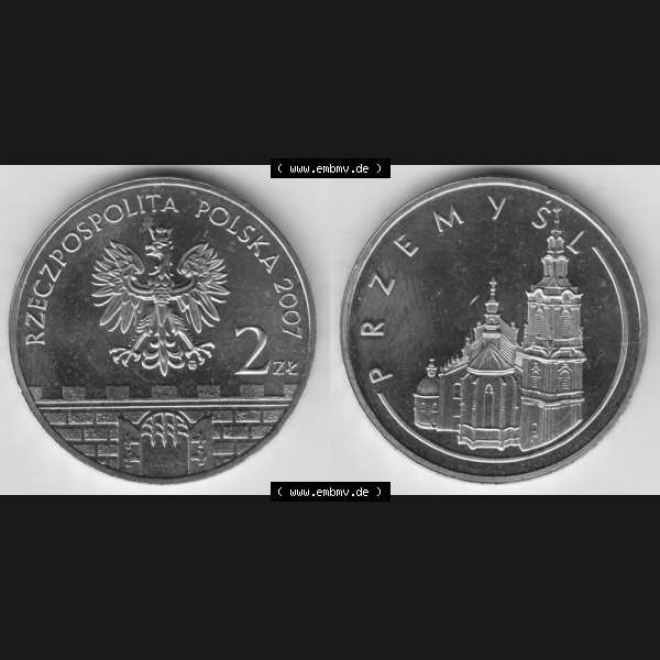 Grau bzw. s/w Münzen Polen Gedenkmünze 2007-2007, 2 Zloty, Historische Städte in Polen - Przemysl, Bild mit Vollansicht als Bildmaterial Sammlung Graustufen