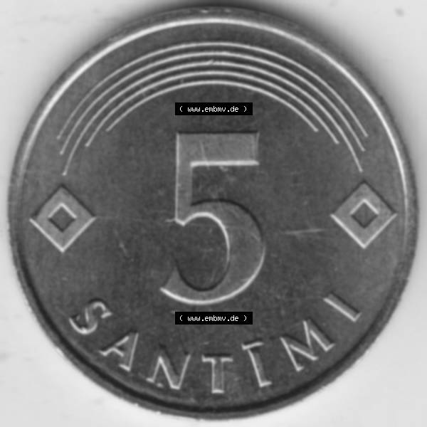 Grau bzw. s/w Münzen Lettland Umlaufmünze 1992-2009, 5 Santimi 1992, Bild mit Rückseite der Münze als Bildmaterial Sammlung Graustufen