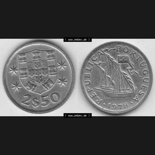 Grau bzw. s/w Münzen Portugal Umlaufmünze 1963-1985, 2,50 Escudos 1978. Vorderseite und Rückseite auf einen Bild/Foto der portugiesischen Umlaufmünze aus Portugal vor der Euro-Einführung... Sammlung Graustufen