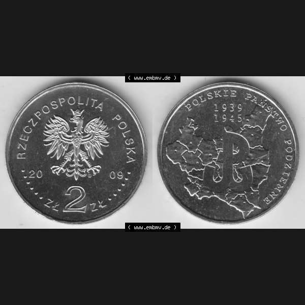 Grau bzw. s/w Münzen Polen Gedenkmünze 2009-2009, 2 Zloty, 70. Jahrestag - polnische Untergrundbewegung, Bild mit Vollansicht als Bildmaterial Sammlung Graustufen