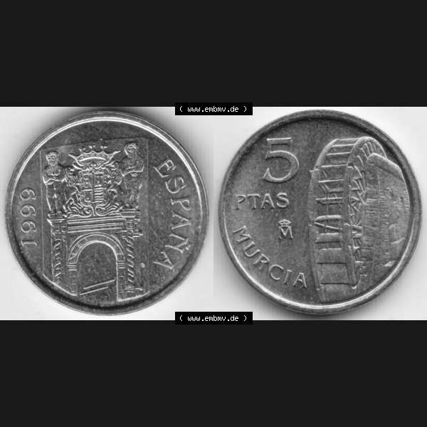 Grau bzw. s/w Münzen Spanien Umlaufmünze 1999-1999, 5 Ptas, Peseten 1999, Bild mit Vollansicht als Bildmaterial Sammlung Graustufen