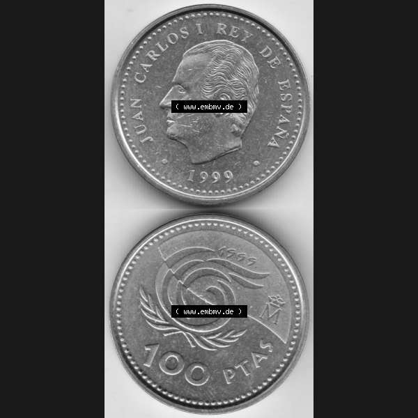 Grau bzw. s/w Münzen Spanien Umlaufmünze 1999-1999, 100 Ptas, Peseten 1999, Münze aus Spanien, Umlaufmünze / aus Zahlungsverkehr mit Münzseiten Vertikal / Untereinander... Sammlung Graustufen
