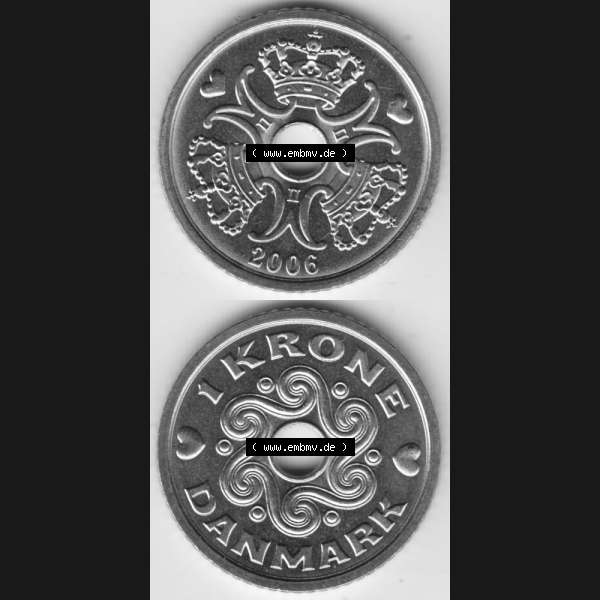 Grau bzw. s/w Münzen Dänemark Umlaufmünze 2006, 1 Krone. Vorderseite und Rückseite vertikal auf einen digitalen Bild der alten dänischen Umlaufmünze aus Dänemark zum katalogisieren... Sammlung Graustufen