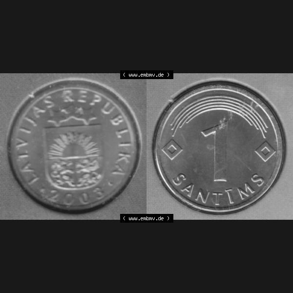 Grau bzw. s/w Münzen Lettland Umlaufmünze 1992-2008, 1 Centime 2003, aus Münzensatz Bild mit horizontaler Vollansicht als Bildmaterial Sammlung Graustufen