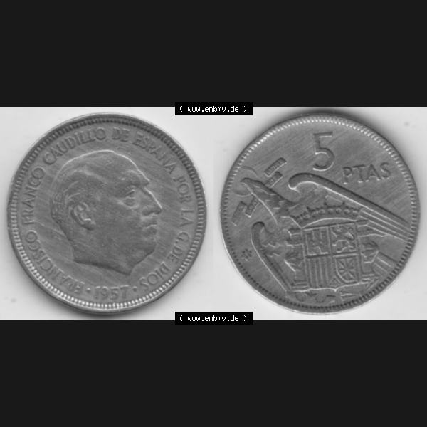 Grau bzw. s/w Münzen Spanien Umlaufmünze 1957-1957, 5 Peseten 1957, Bild mit Vollansicht als Bildmaterial Sammlung Graustufen