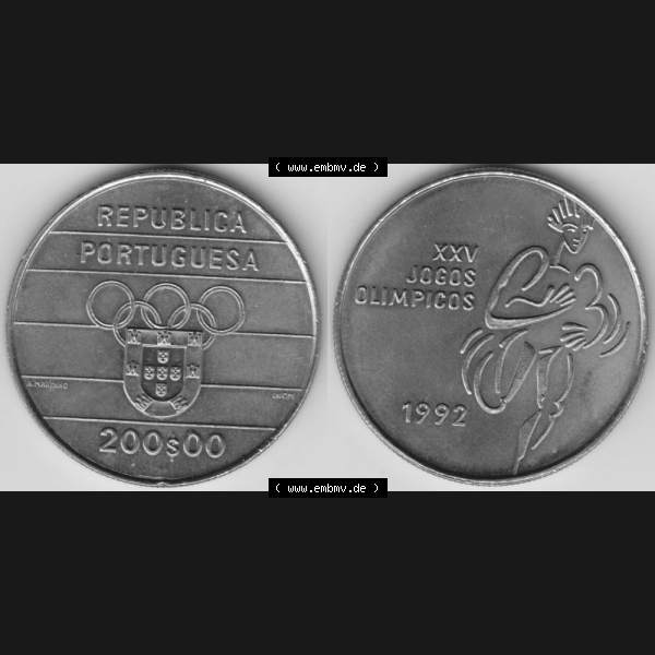 Grau bzw. s/w Münzen Portugal Gedenkmünze 1992-1992, 200 Escudo, XXV Jogos Olimpicos. Vorderseite und Rückseite auf einen Bild/Foto der portugiesischen Gedenkmünze aus Portugal... Sammlung Graustufen