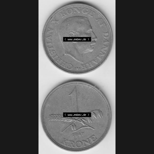 Grau bzw. s/w Münzen Dänemark Umlaufmünze 1947, 1 Krone. Vorderseite und Rückseite vertikal auf einen digitalen Bild der alten dänischen Umlaufmünze aus Dänemark zum katalogisieren... Sammlung Graustufen