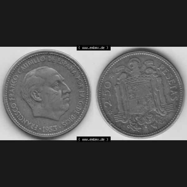 Grau bzw. s/w Münzen Spanien Umlaufmünze 1953-1953, 2,50 Peseten 1953, Bild mit Vollansicht als Bildmaterial Sammlung Graustufen