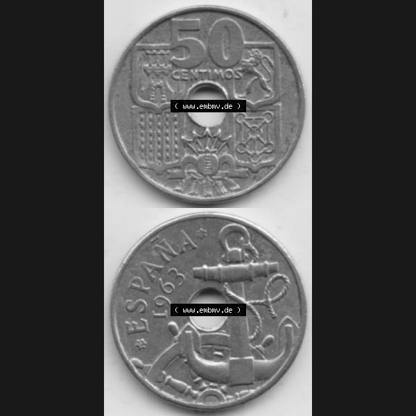 Grau bzw. s/w Münzen Spanien Umlaufmünze 1949-1963, 50 Centimos 1963, Münze aus Spanien, Umlaufmünze / aus Zahlungsverkehr mit Münzseiten Vertikal / Untereinander auf... Sammlung Graustufen