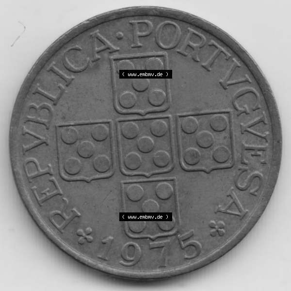 Grau bzw. s/w Münzen Portugal Umlaufmünze 1969-1979, 1 Escudo 1975. Rückseite der portugiesischen Umlaufmünze aus Portugal vor der Euro-Einführung in Portugal zum katalogisieren... Sammlung Graustufen