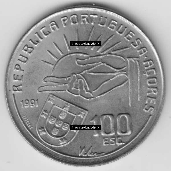 Grau bzw. s/w Münzen Portugal Gedenkmünze 1991-1991, 100 Escudos Antero de Quental, 1842-1891. Vorderseite der Gedenkmünze aus Portugal zum katalogisieren im Münzen-Katalog und... Sammlung Graustufen