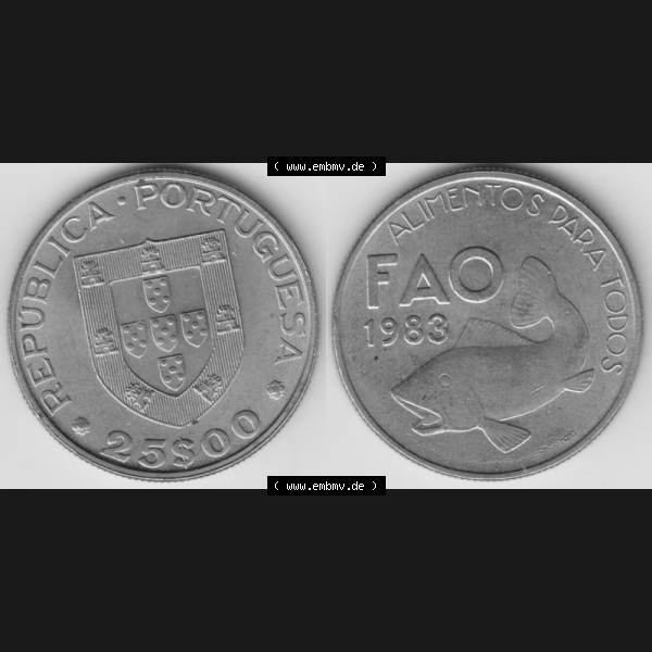 Grau bzw. s/w Münzen Portugal Gedenkmünze 1983-1983, 25 Escudo, FAO Alimentos Dara Todos. Vorderseite und Rückseite auf einen Bild/Foto der portugiesischen Gedenkmünze aus... Sammlung Graustufen