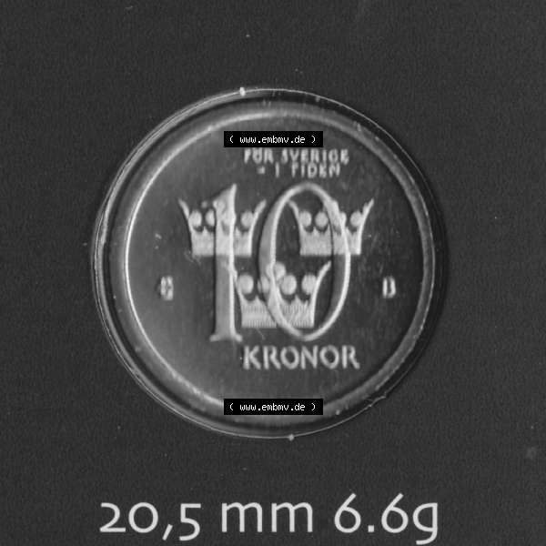 Grau bzw. s/w Münzen Schweden Umlaufmünze 2001-2009, 10 Kronen 2001 KMS, Bild mit Rückseite der Münze als Bildmaterial Sammlung Graustufen