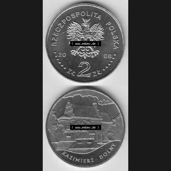 Grau bzw. s/w Münzen Polen Gedenkmünze 2008-2008, 2 Zloty, Kulturdenkmäler Polens - Kazimierz Dolny, Münzseiten Untereinander als Bildmaterial Sammlung Graustufen