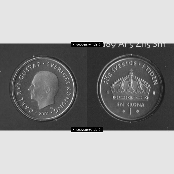 Grau bzw. s/w Münzen Schweden Umlaufmünze 2001-2012, 1 Krone 2001 KMS, Bild mit Vollansicht als Bildmaterial Sammlung Graustufen