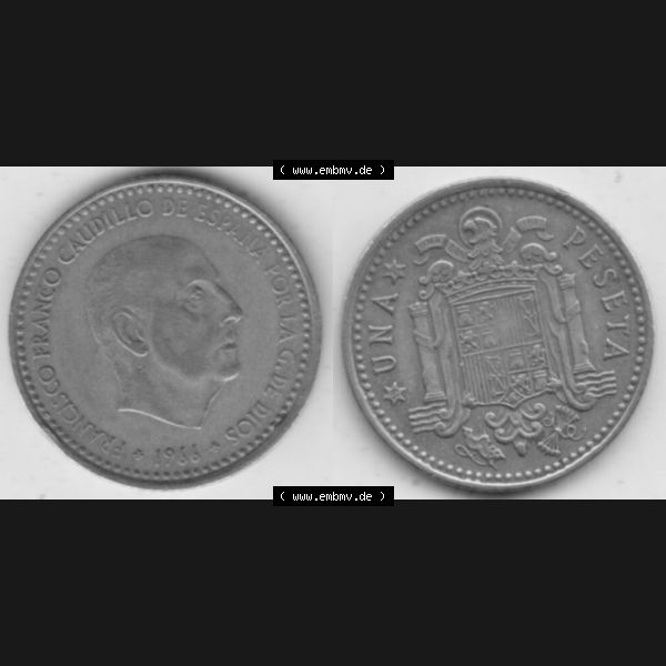 Grau bzw. s/w Münzen Spanien Umlaufmünze 1966-1966, 1 Pesete, Bild mit Vollansicht als Bildmaterial Sammlung Graustufen
