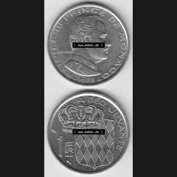 Grau bzw. s/w Münzen Monaco Umlaufmünze 1960-1995, 1 Fr, Franc, Franken Rainier III Prince de Monaco I. 1968, Münzseiten Untereinander als Bildmaterial Sammlung Graustufen