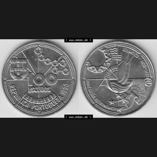 Grau bzw. s/w Münzen Portugal Gedenkmünze 1990-1990, 100 Escudos, Atlantido 1455-1485, Astronomica. Vorderseite und Rückseite auf einen Bild/Foto der portugiesischen Gedenkmünze... Sammlung Graustufen
