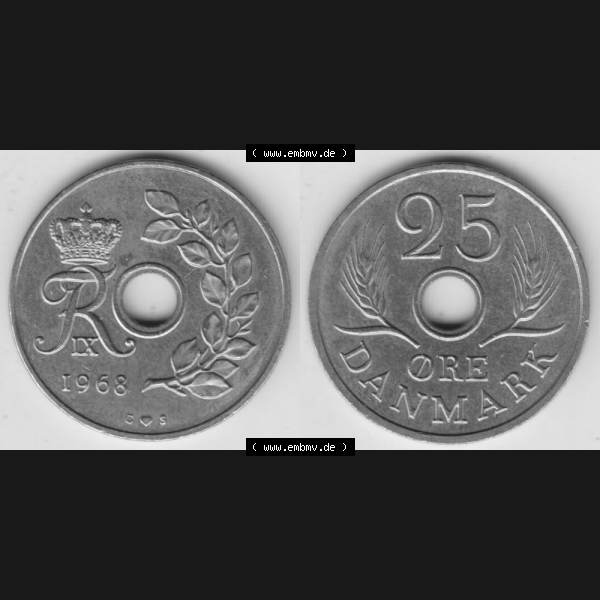 Grau bzw. s/w Münzen Dänemark Umlaufmünze 1966-1972, 25 Öre 1968 I. Vorderseite und Rückseite horizontal auf einen digitalen Bild der alten dänischen Umlaufmünze aus Dänemark... Sammlung Graustufen