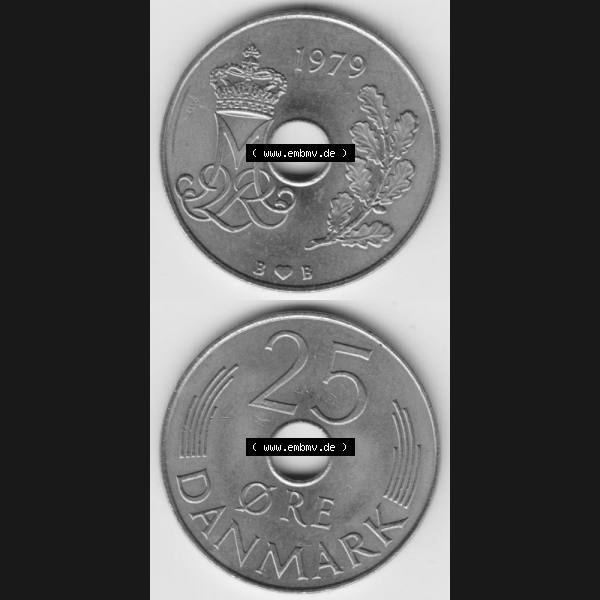 Grau bzw. s/w Münzen Dänemark Umlaufmünze 1979, 25 Öre. Vorderseite und Rückseite vertikal auf einen digitalen Bild der alten dänischen Umlaufmünze aus Dänemark zum... Sammlung Graustufen