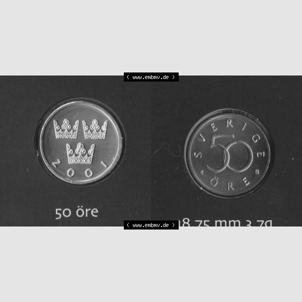 Grau bzw. s/w Münzen Schweden Umlaufmünze 1992-2009, 50 Öre 2001 KMS, Bild mit Vollansicht als Bildmaterial Sammlung Graustufen