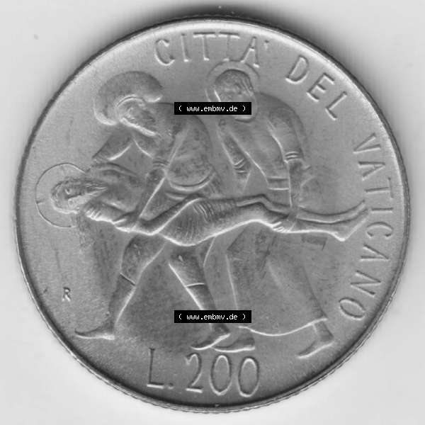 Grau bzw. s/w Münzen Vatikan / Vatikanstadt Umlaufmünze 1981-1981, 200 Lire Papst Johannes Paul II, Bild mit Rückseite der Münze als Bildmaterial. Münze aus dem Vatikan... Sammlung Graustufen