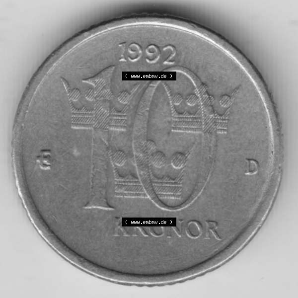 Grau bzw. s/w Münzen Schweden Umlaufmünze 1991-2000, 10 Kronen 1992, Bild mit Rückseite der Münze als Bildmaterial Sammlung Graustufen