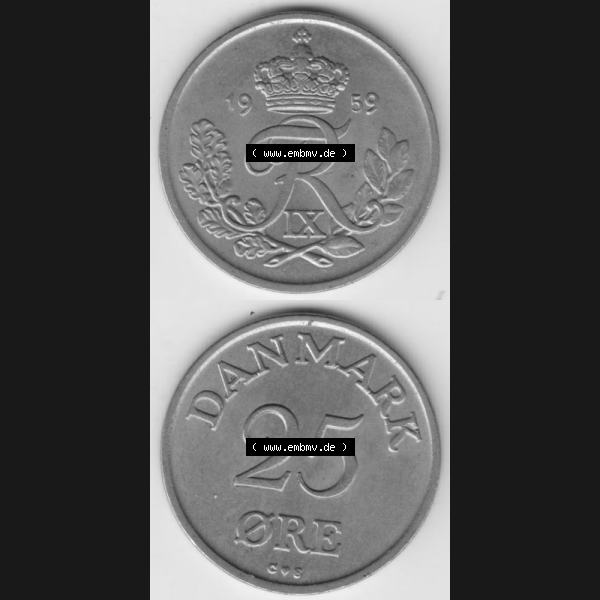 Grau bzw. s/w Münzen Dänemark Umlaufmünze 1959, 25 Öre. Vorderseite und Rückseite vertikal auf einen digitalen Bild der alten dänischen Umlaufmünze aus Dänemark zum... Sammlung Graustufen