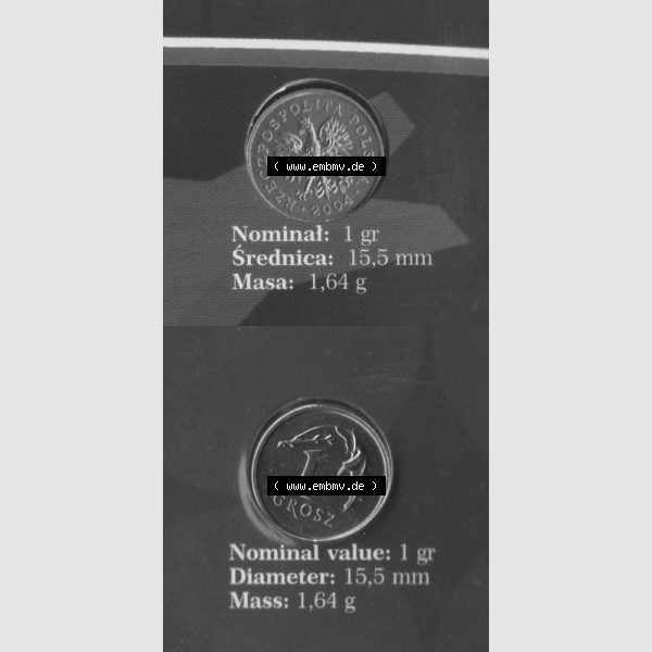 Grau bzw. s/w Münzen Polen KMS Umlaufmünze 2004, 1 Groszy, Münzseiten Untereinander als Bildmaterial Sammlung Graustufen
