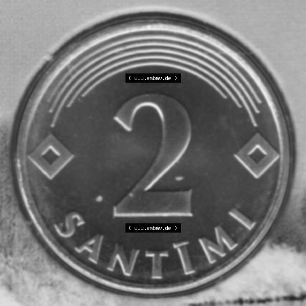 Grau bzw. s/w Münzen Lettland Umlaufmünze 1992-2009, 2 Centimes 2000, Bild mit Rückseite der Münze als Bildmaterial Sammlung Graustufen