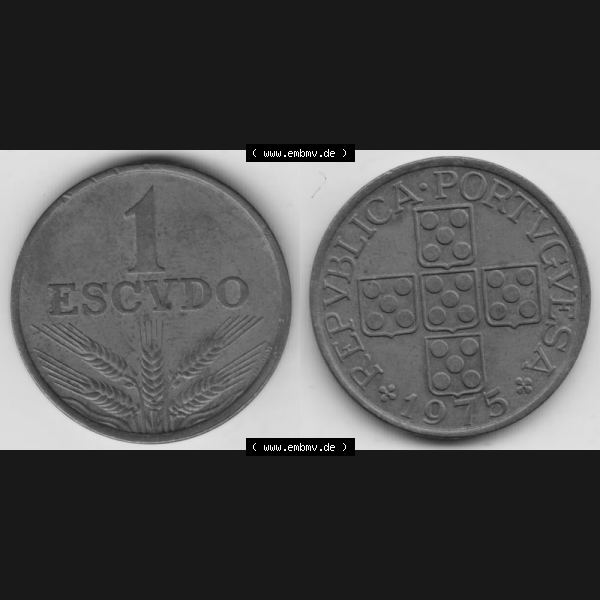 Grau bzw. s/w Münzen Portugal Umlaufmünze 1969-1979, 1 Escudo 1975. Vorderseite und Rückseite auf einen Bild/Foto der portugiesischen Umlaufmünze aus Portugal vor der Euro-Einführung... Sammlung Graustufen