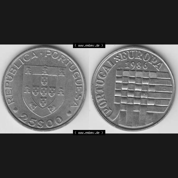 Grau bzw. s/w Münzen Portugal Gedenkmünze 1986-1986, 25 Escudos Portugal-Europa 1986. Vorderseite und Rückseite auf einen Bild/Foto der portugiesischen Gedenkmünze aus Portugal vor... Sammlung Graustufen