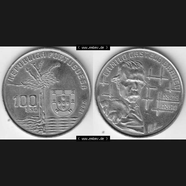 Grau bzw. s/w Münzen Portugal Gedenkmünze 1990-1990, 100 Escudos, Camilo Castelo Braiico. Vorderseite und Rückseite auf einen Bild/Foto der portugiesischen Gedenkmünze aus... Sammlung Graustufen