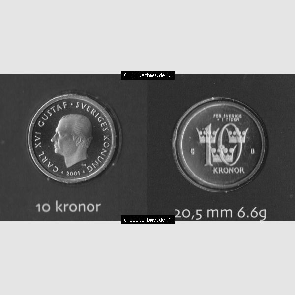 Grau bzw. s/w Münzen Schweden Umlaufmünze 2001-2009, 10 Kronen 2001 KMS, Bild mit Vollansicht als Bildmaterial Sammlung Graustufen