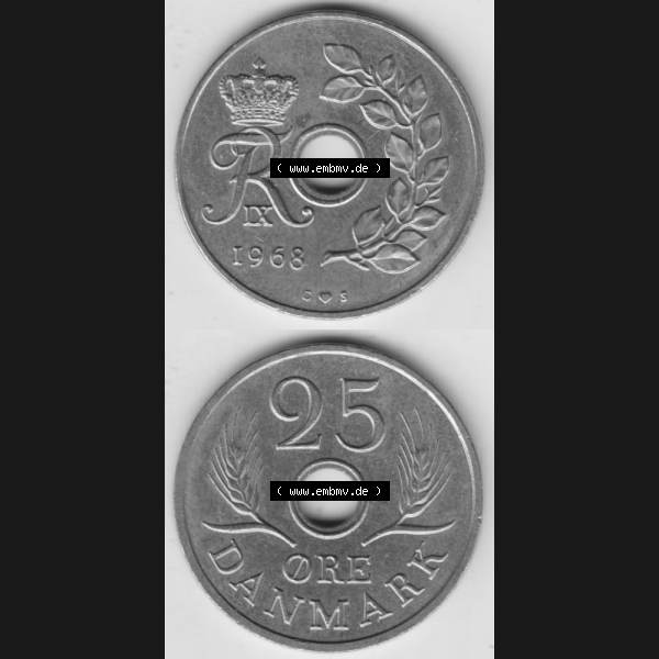 Grau bzw. s/w Münzen Dänemark Umlaufmünze 1966-1972, 25 Öre 1968 I. Vorderseite und Rückseite vertikal auf einen digitalen Bild der alten dänischen Umlaufmünze aus Dänemark... Sammlung Graustufen