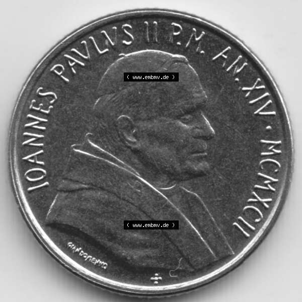 Grau bzw. s/w Münzen Vatikan / Vatikanstadt Umlaufmünze 1992-1992, 100 Lire Papst Giovanni Paolo II, Bild mit Vorderseite der Münze als Bildmaterial. Münze aus dem Vatikan... Sammlung Graustufen